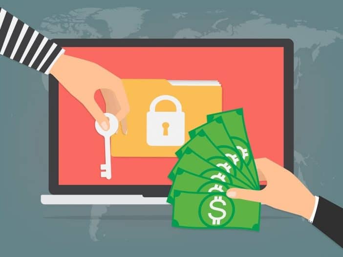 illustration of a man handing money over for a key, depicting a ransomware attack