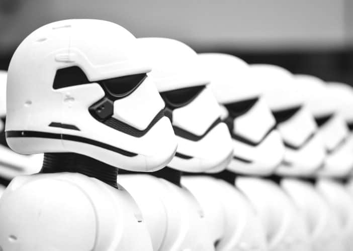 Row of Star Wars Stormtroopers ready to attack