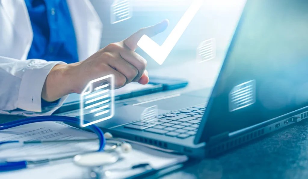 Medical Documentation on Laptop with Digital Healthcare Workflow and Clinical Decision